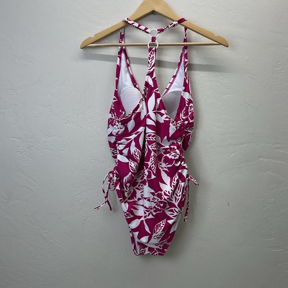 Kona Sol Pink & White Tropical Leaf Print One Piece T-Back Adjustable Swimsuit M - Picture 3 of 9